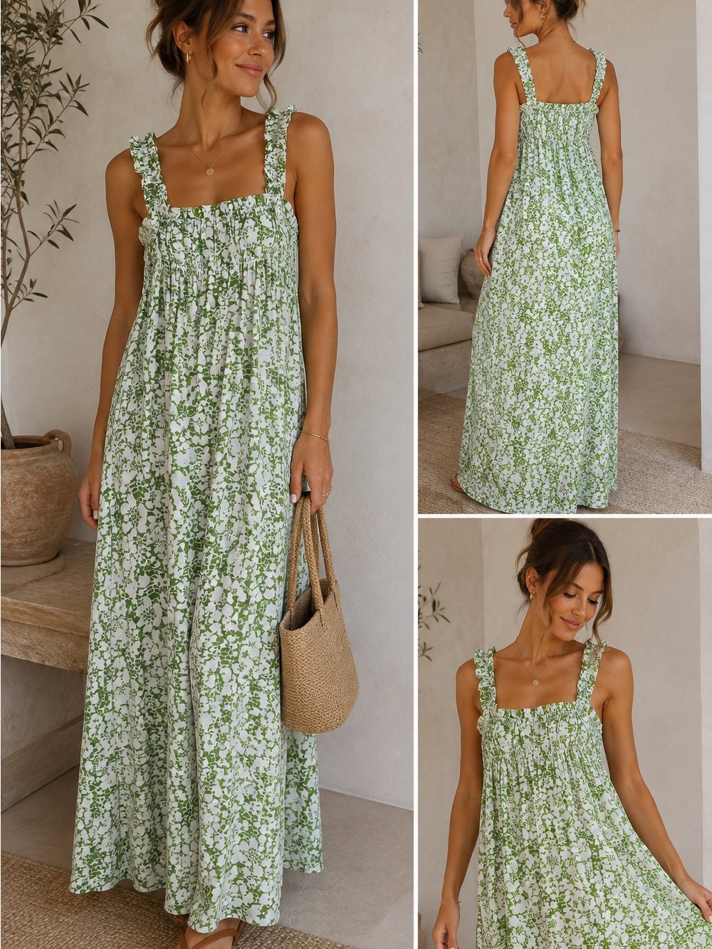 Faithfull The Brand Green & White Floral Maxi Dress XS Ruffle Strap Cottagecore